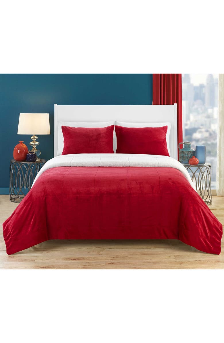 CHIC Queen Evelyn Faux Shearling Blanket Set - Burgundy, Alternate, color,