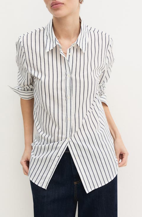 Pinstripe Cotton Blend Button-Up Shirt