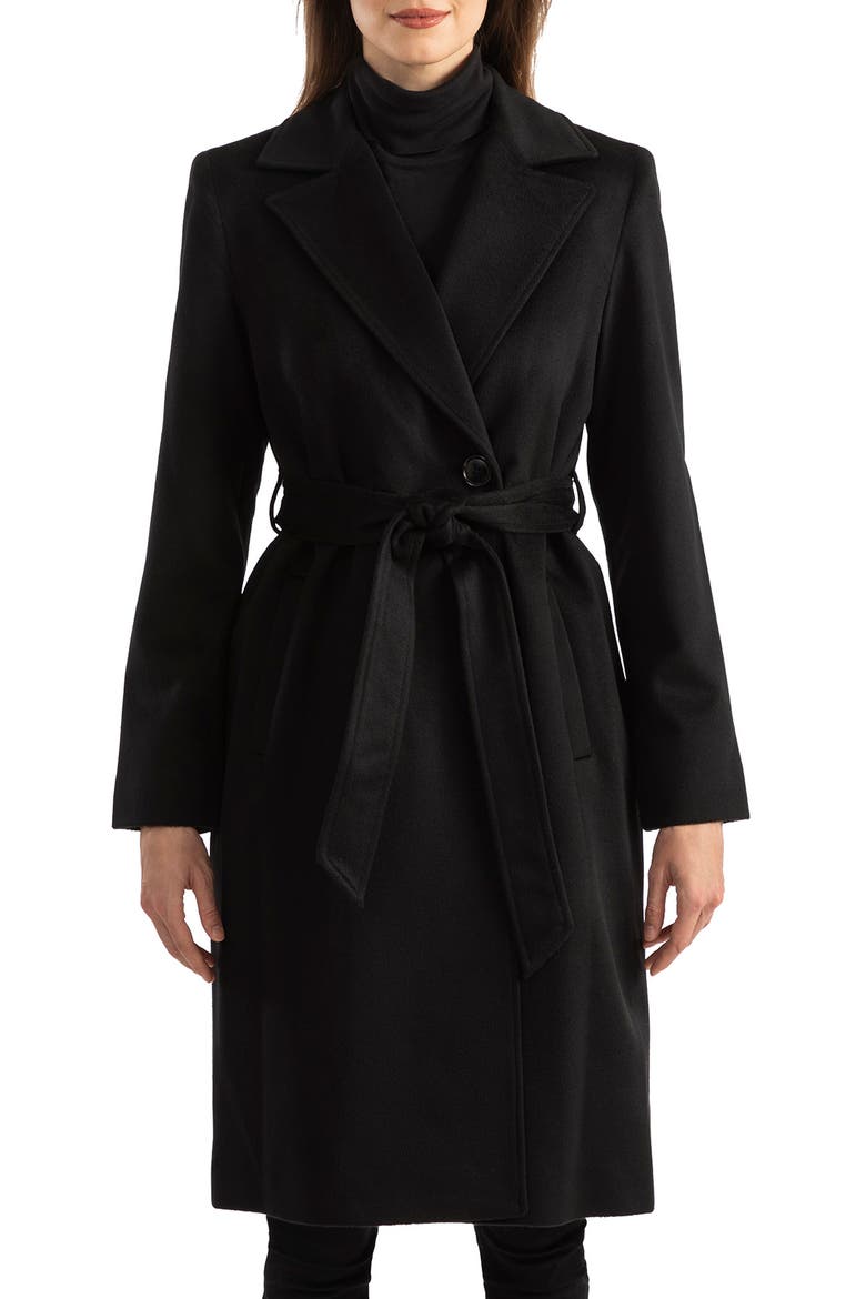 Belted Notch Collar Wool Coat, Main, color, BLACK
