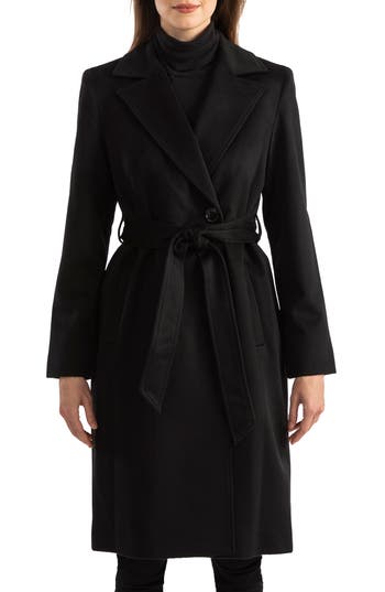 Sofia Cashmere Belted Notch Collar Wool & Cashmere Blend Coat In Black