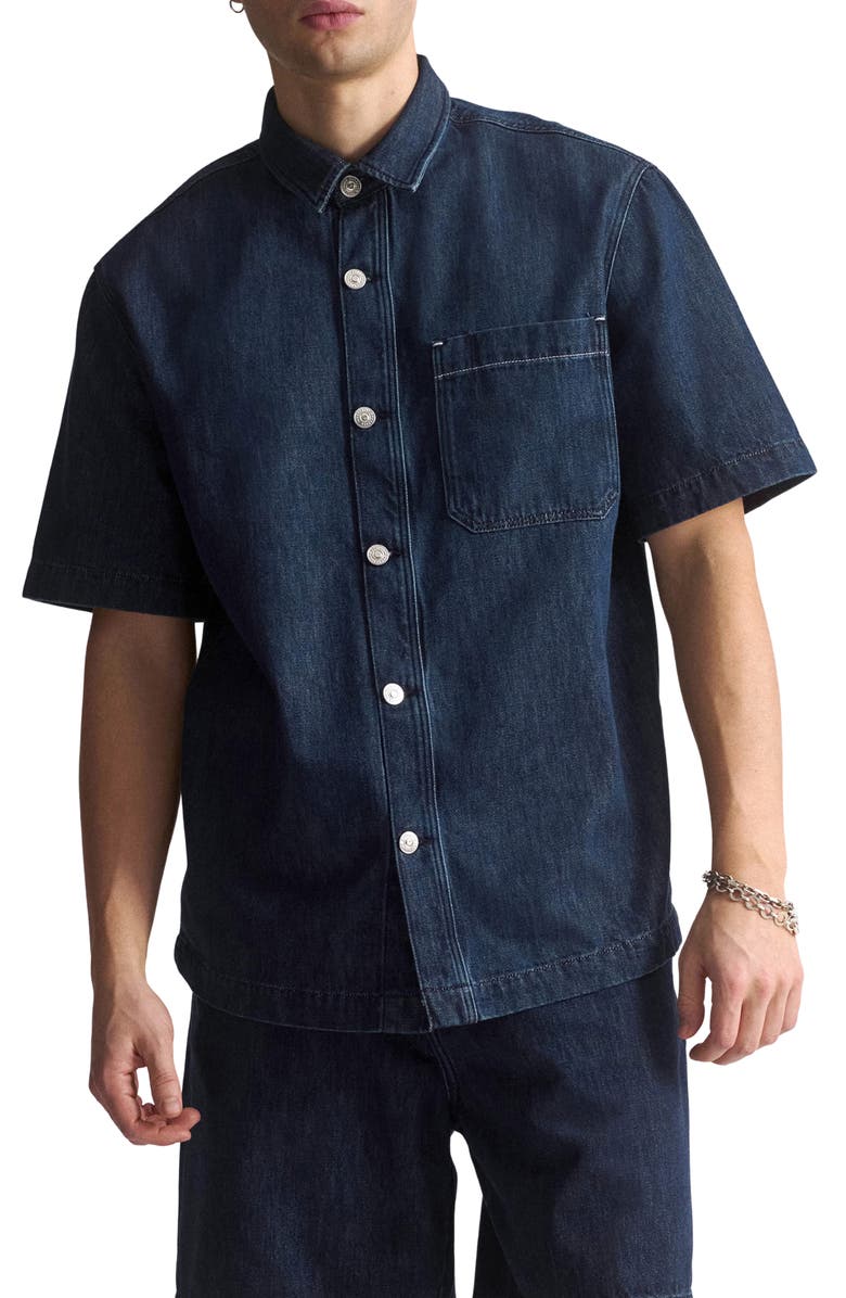 Brooklyn Industries Denim Graphic Short Sleeve Button-Up Shirt, Main, color, Dark Indigo
