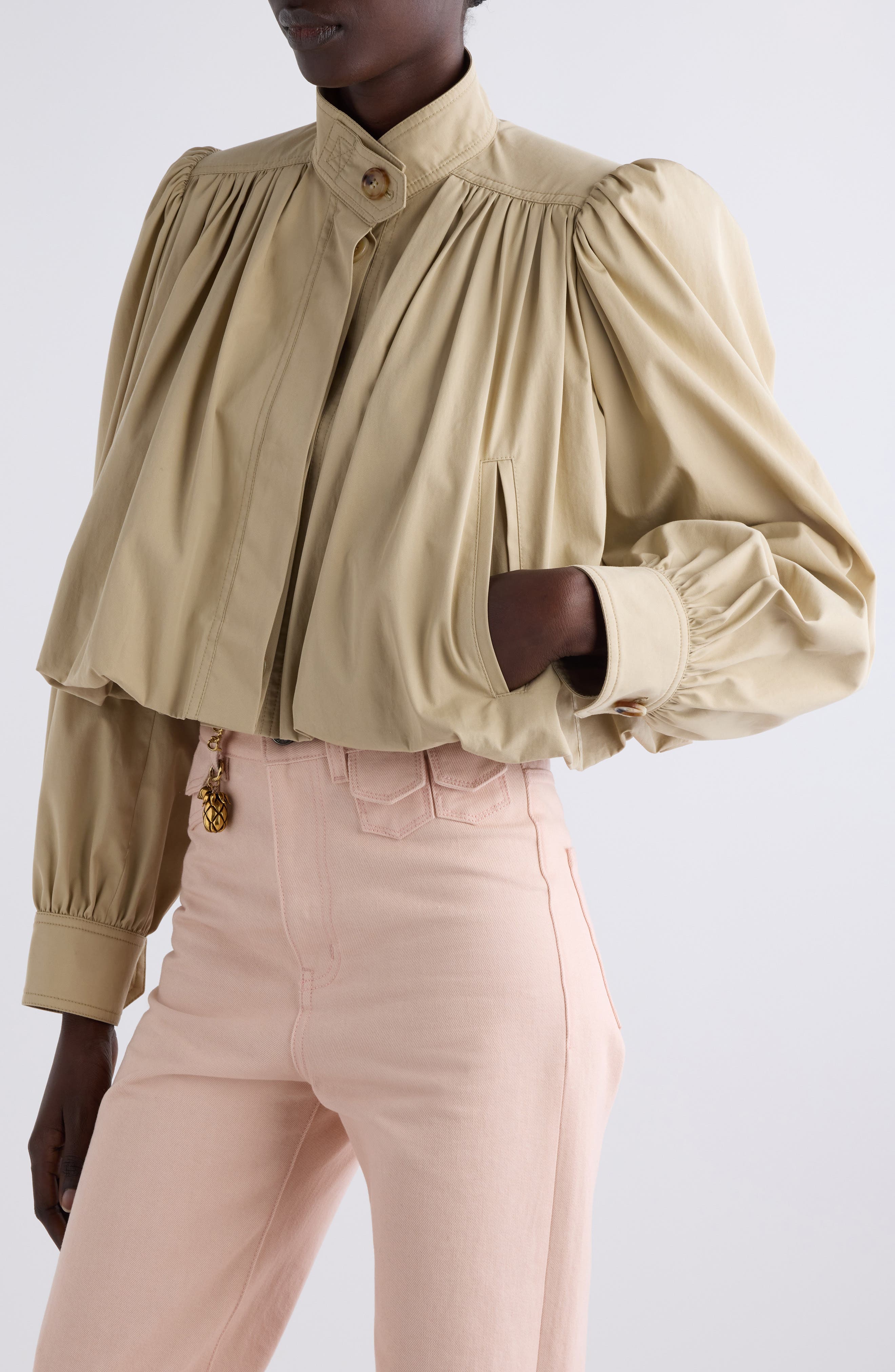 Chloé Puff Sleeve Gathered Cotton Gabardine Crop Jacket (Women