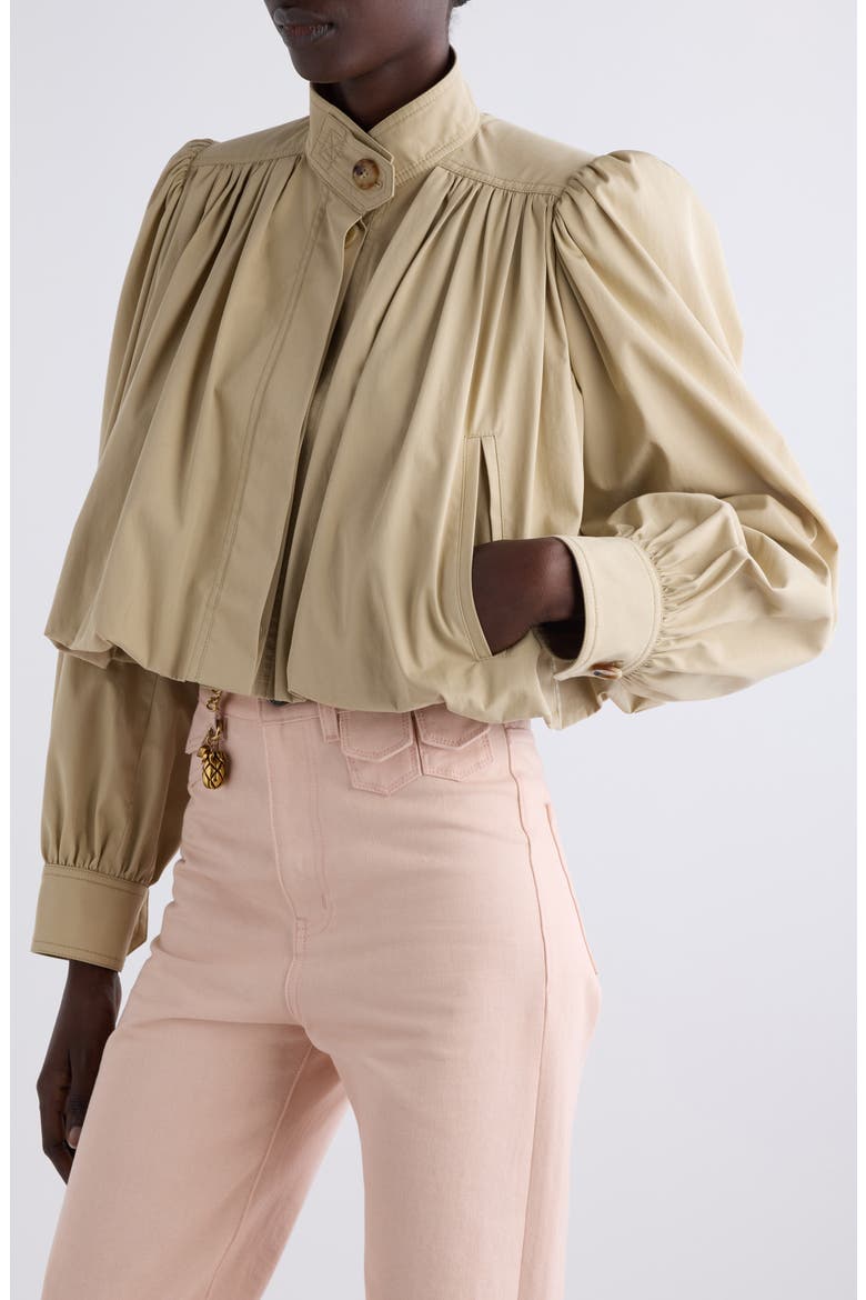 Puff Sleeve Gathered Cotton Gabardine Crop Jacket, Alternate, color, SMOKY BEIGE