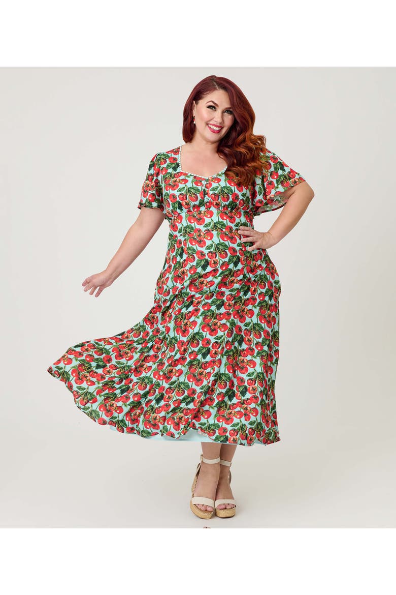 Plus Size Short Puff Sleeve Sweetheart Neck Godet Midi Dress, Main, color, Blue W/ Tomato Print