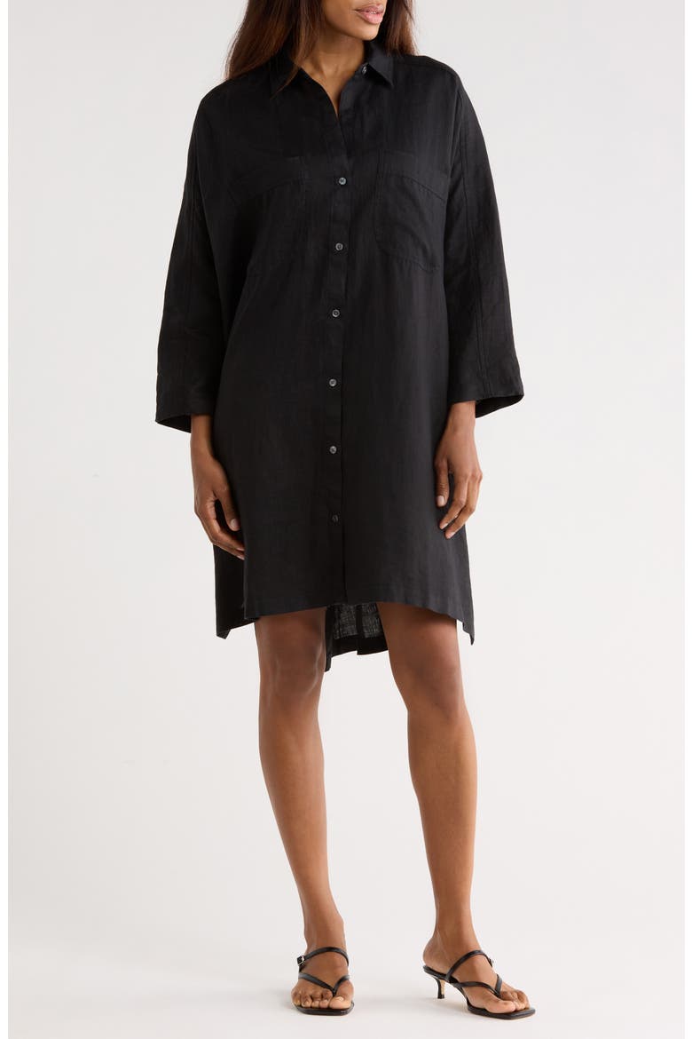Long Sleeve Linen Shirtdress, Main, color, BLACK