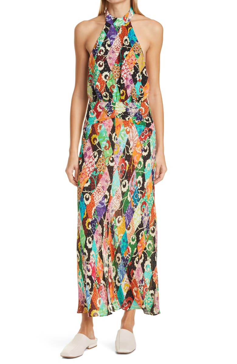 RIXO Kendra Metallic Fiber Pattern Mix Halter Neck Backless Maxi Dress, Main, color, 