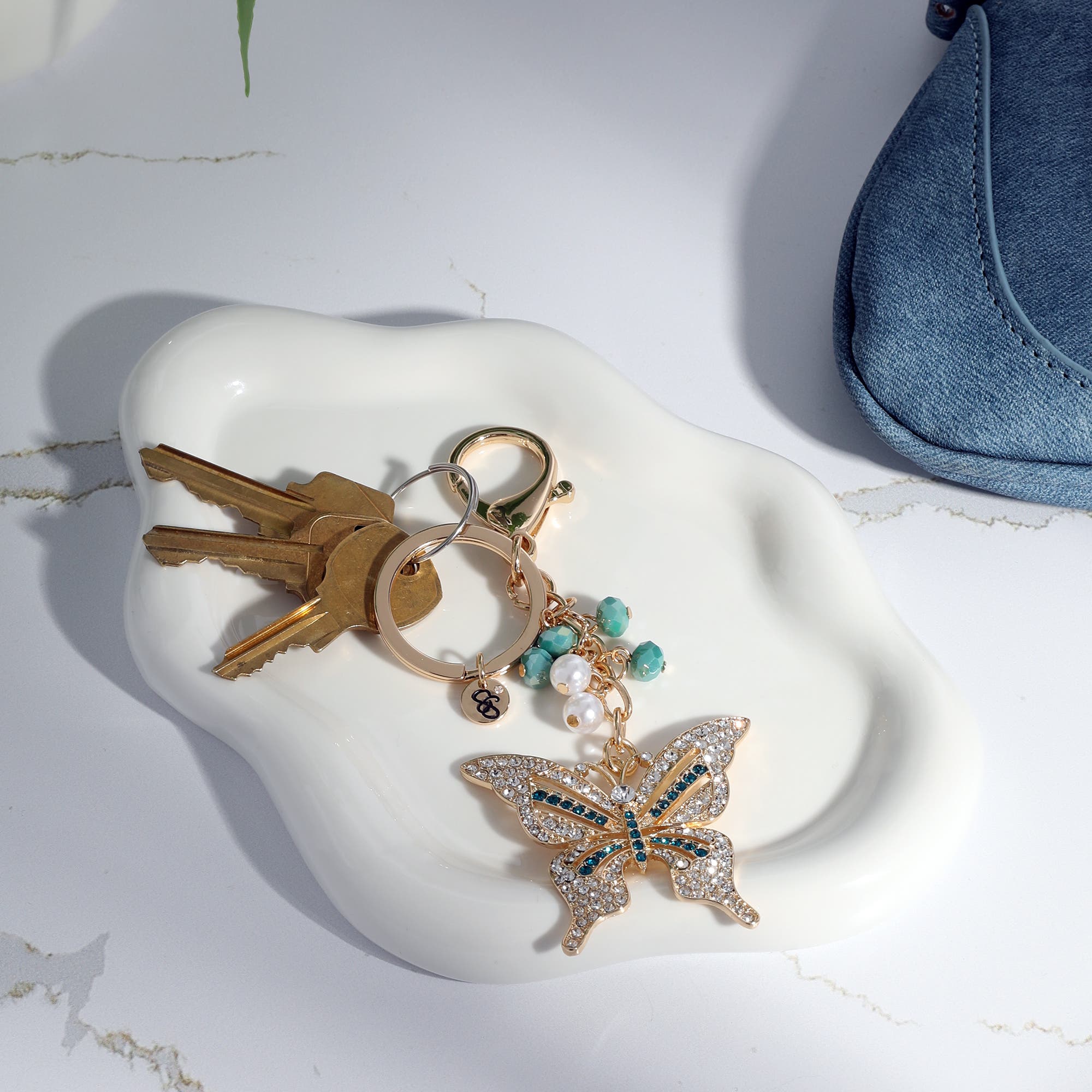 Jessica Simpson Elegant Butterfly Charm Keychain, Alternate, color, Blue, Gold, Silver