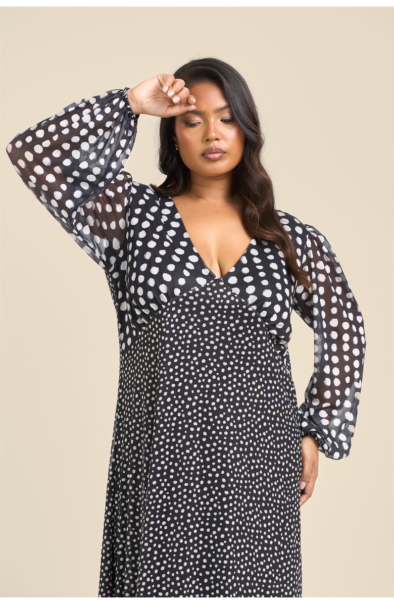 FASHION-SZN CURVE Long Sleeved Polka Dot Midi Dress, Alternate, color, Black
