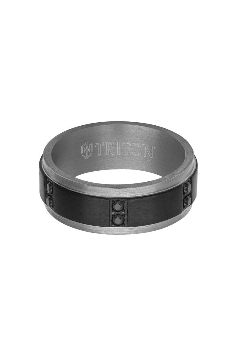 8MM Tantalum Ring with Vertical Channel Set Black Sapphires and Flat Edge, Alternate, color, Metallic Silver