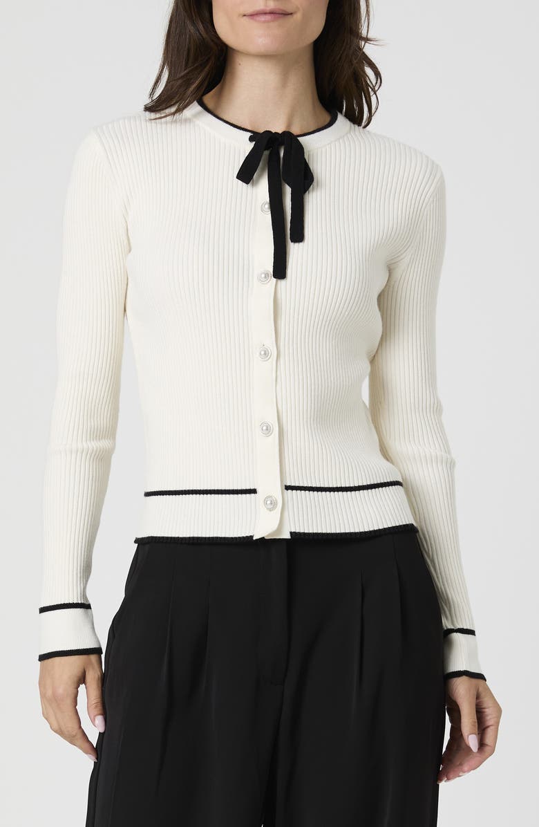 French Connection Contrast Tipped Bow Rib Cardigan, Main, color, Classic Cream/ Black