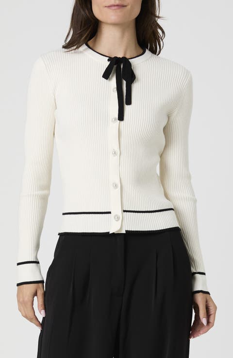 Contrast Tipped Bow Rib Cardigan