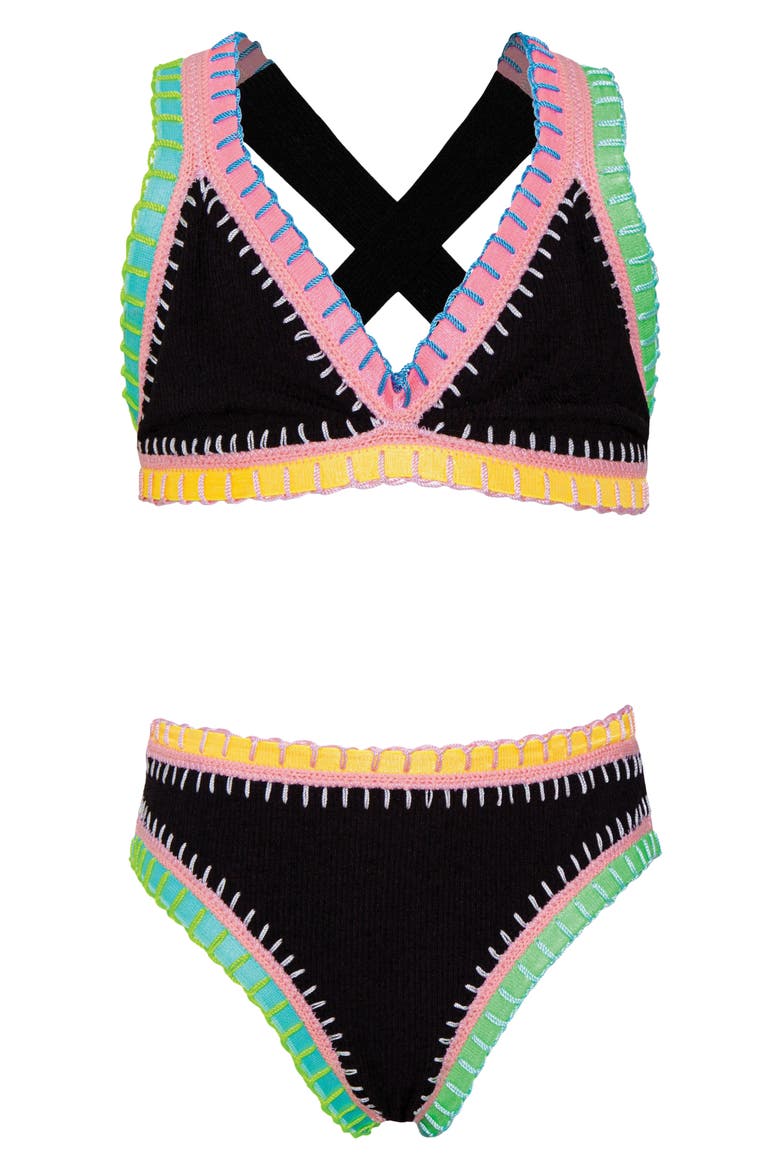 Kids' Rainbow Embroidered Two-Piece Swimsuit, Main, color, BLACK PEARL