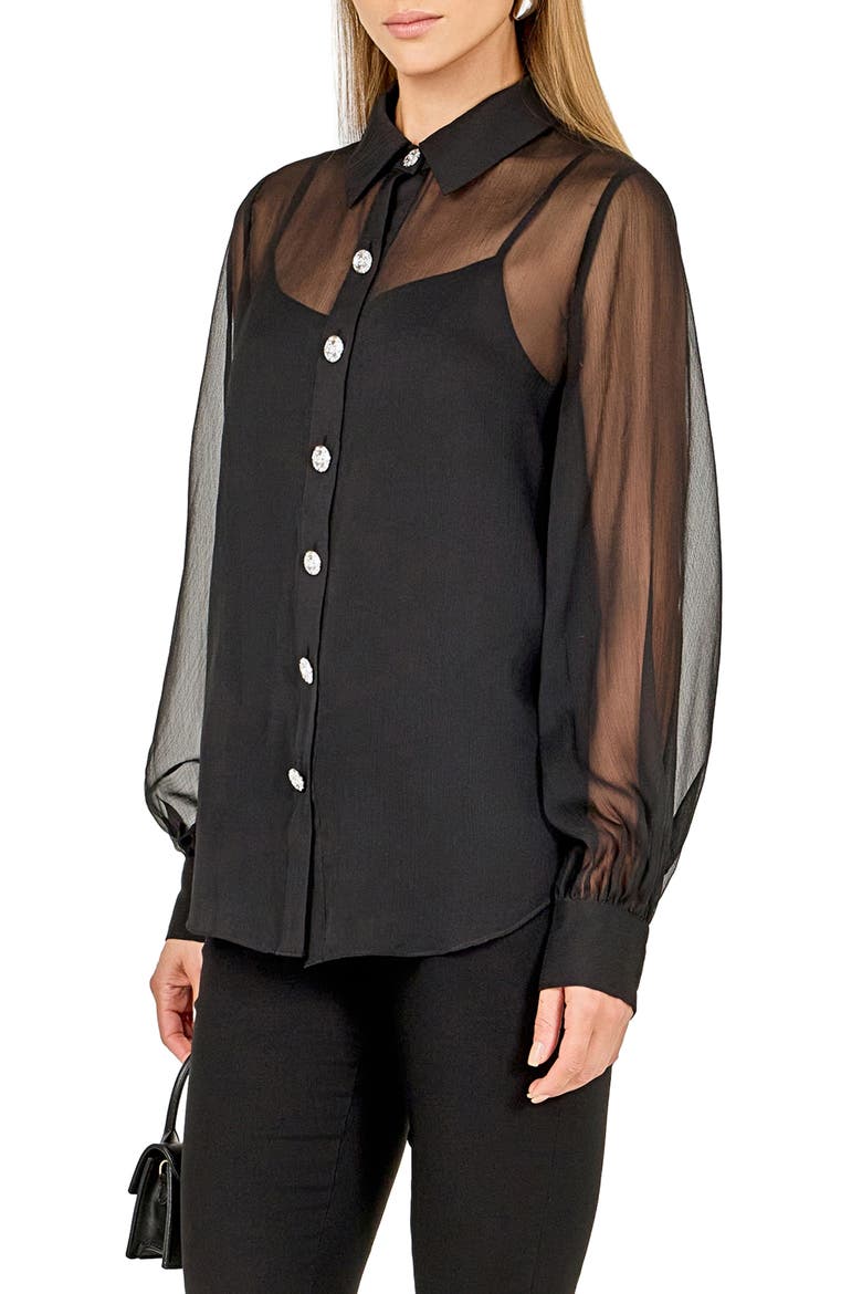 Volume Sleeve Sheer Shirt, Alternate, color, BLACK
