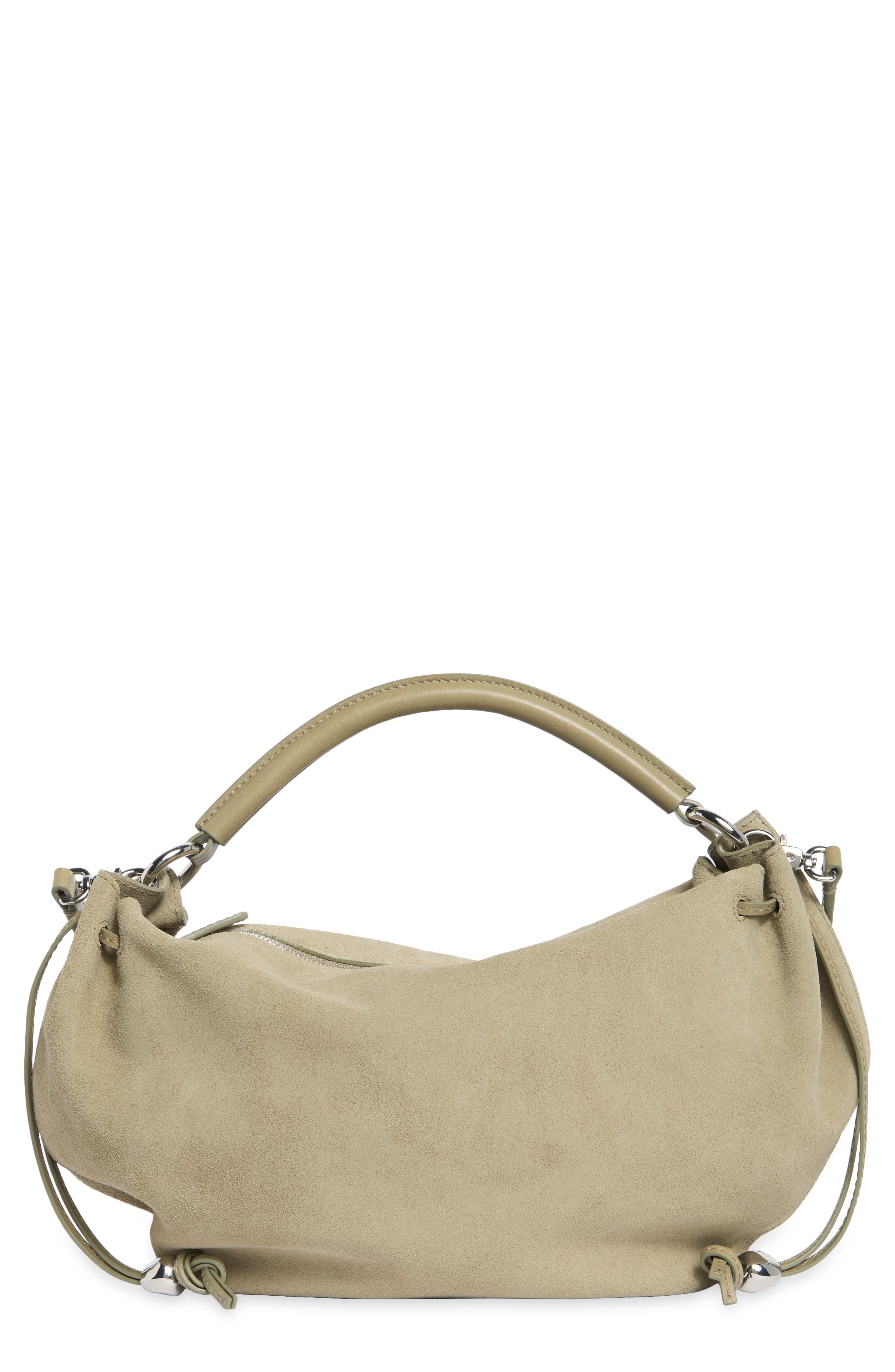 The Camren Gathered Suede Shoulder Bag, Main, color, PALE FATIGUE
