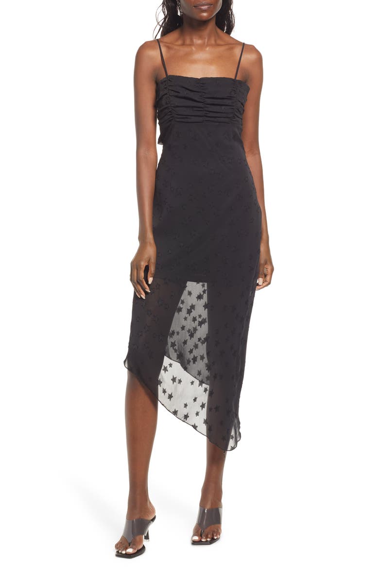 Star Jacquard Asymmetric Cocktail Dress, Main, color, BLACK