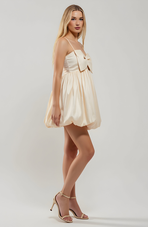 Modenaire Mini Dress With Bow And Bubble Hem In Neutral