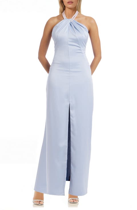 Faux Pearl Trim Halter Cocktail Dress