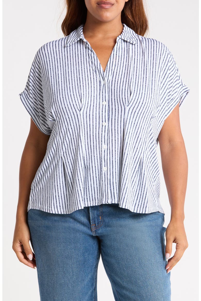 Gather Moss Crepe Knit Top, Main, color, CREAM/ NAVY ABSTRACT STRIPE