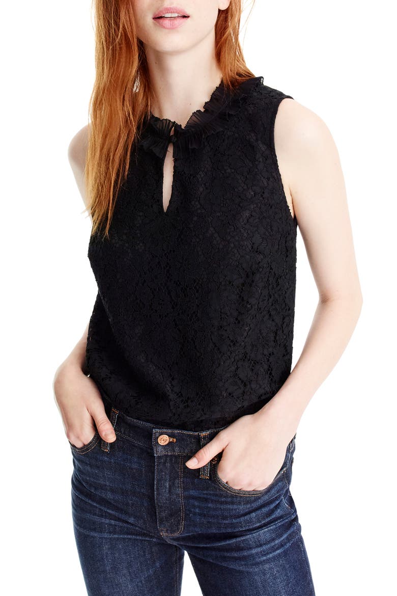 Lace Ruffle Neck Top, Main, color, BLACK