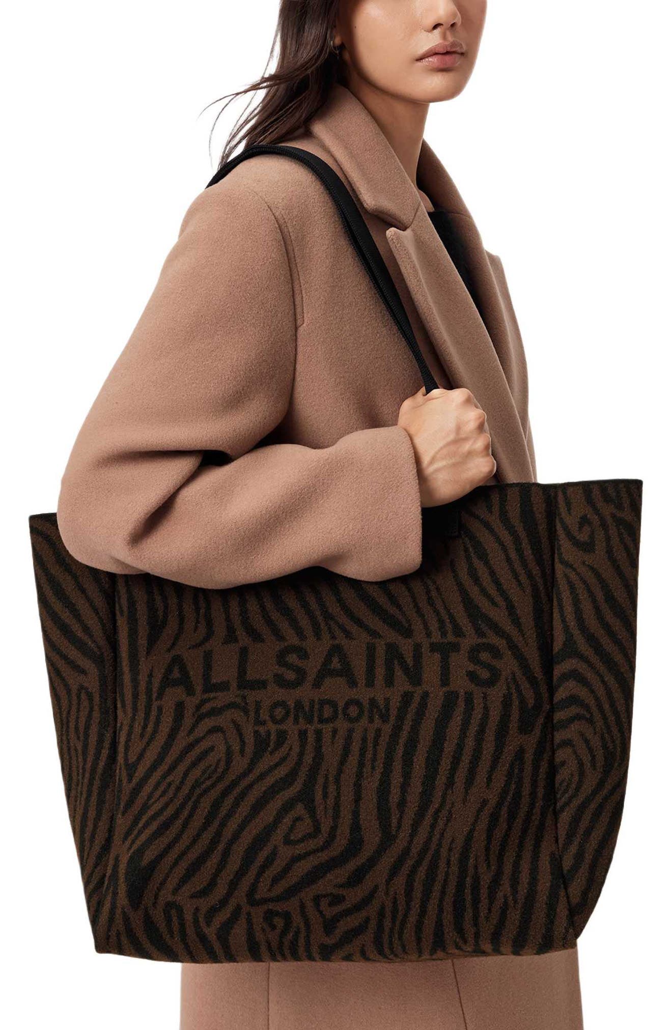 AllSaints Izzy Zebra Stripe Tote, Alternate, color, Black/ Brown