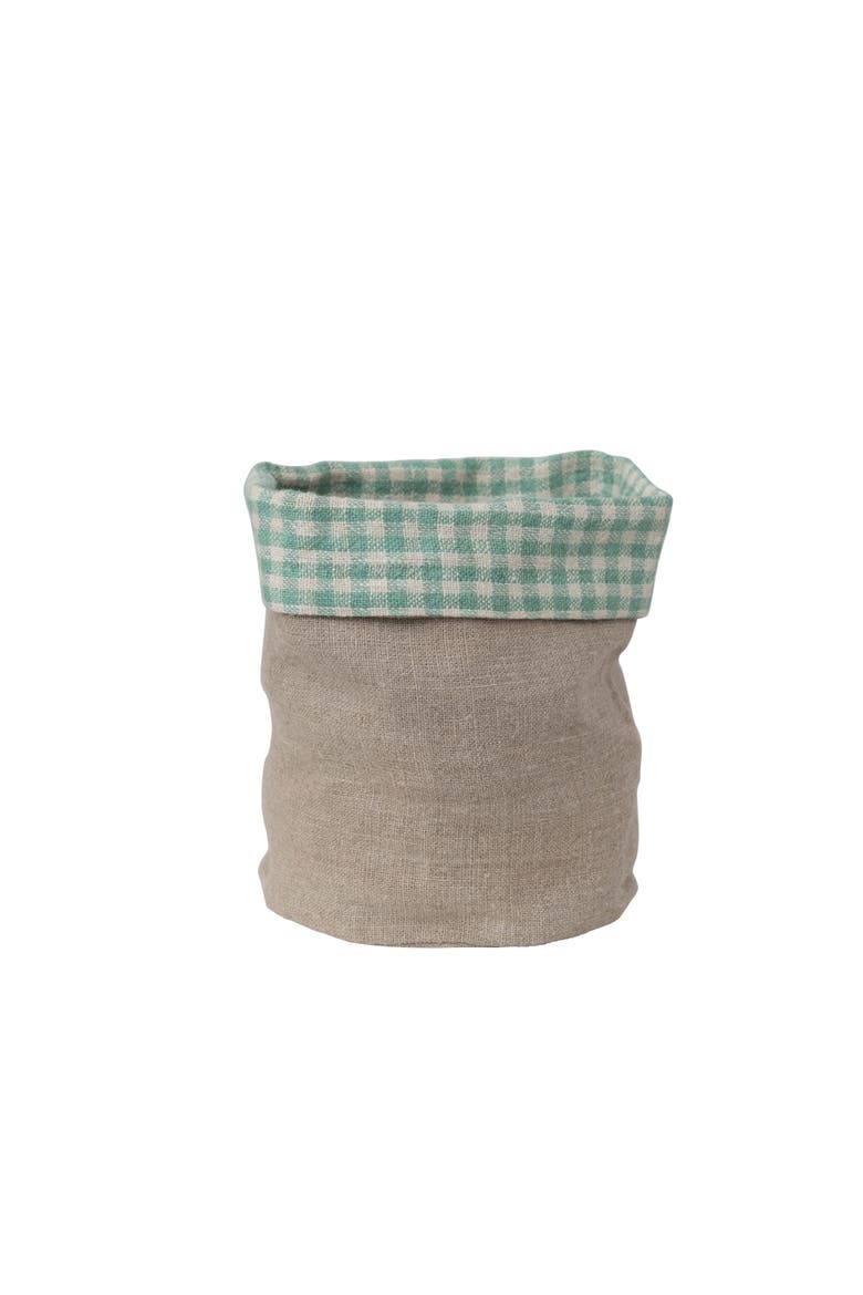 Creative Co-Op Handwoven Linen Bread Basket with Gingham Lining, Aqua and Natural, Main, color, Blue