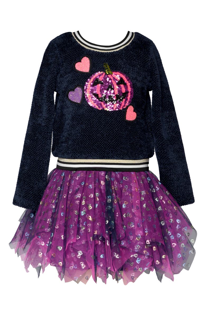 Truly Me Kids' Jack O' Lantern Embeliished Long Sleeve Party Dress, Main, color, Navy Pink