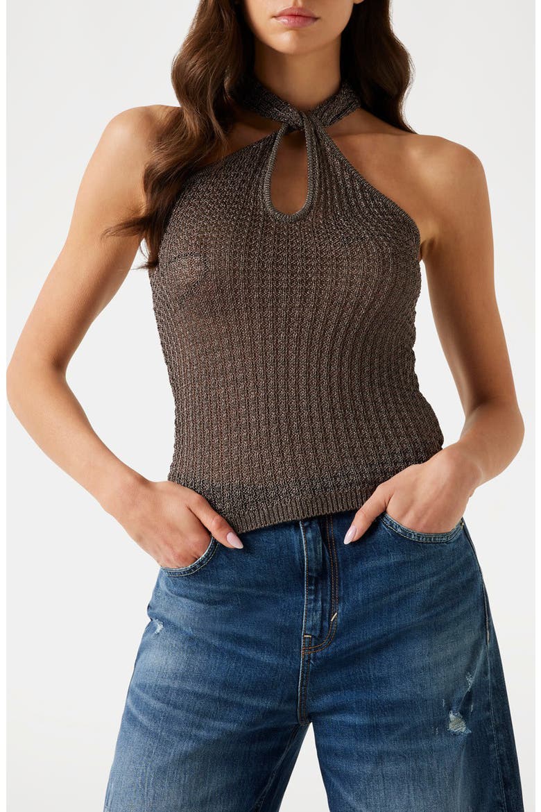 Shimmer Knit Keyhole Neck Sleeveless Sweater, Main, color, BROWN
