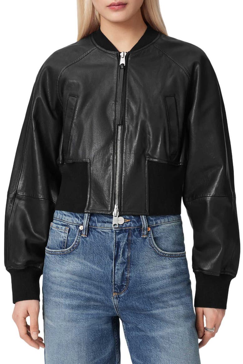 Suri Leather Bomber Jacket, Main, color, BLACK