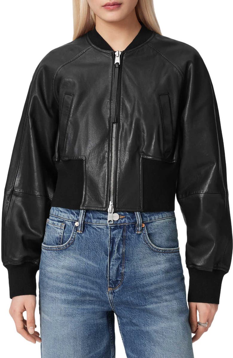 AllSaints Suri Leather Bomber Jacket, Main, color, Black