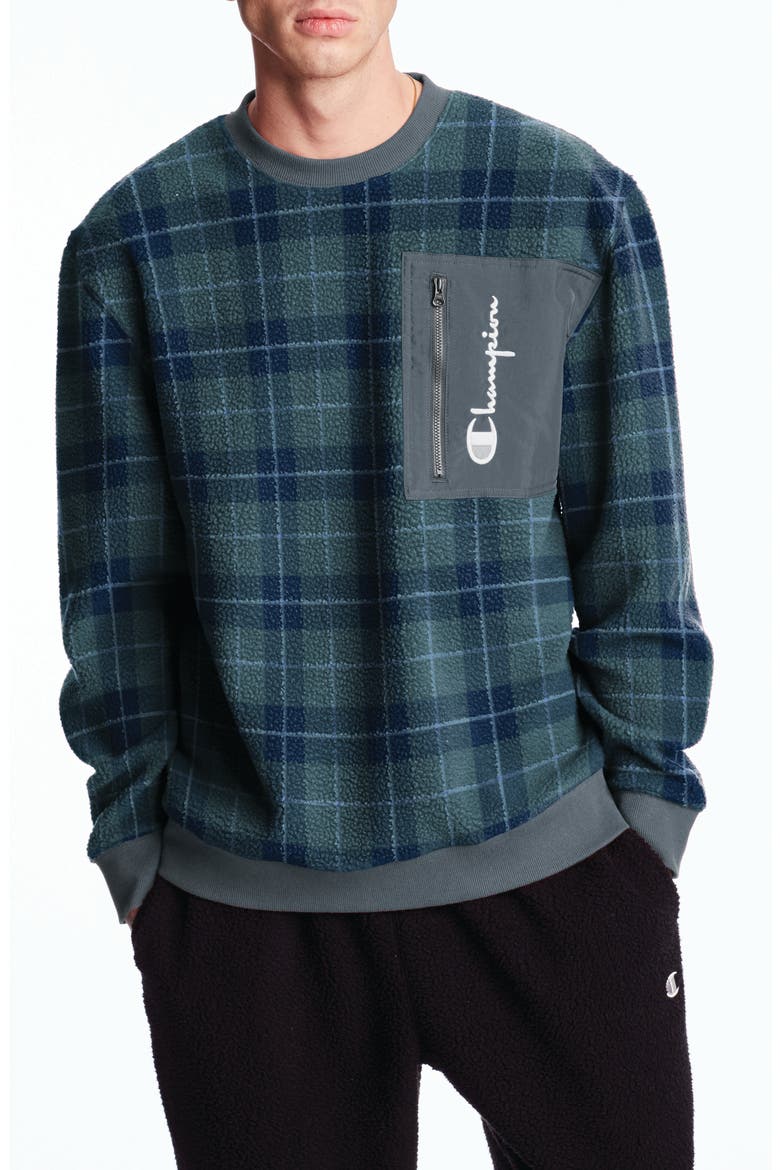 Plaid Fleece Crewneck Sweatshirt, Main, color, BLUE PLAID/ VERGLAS