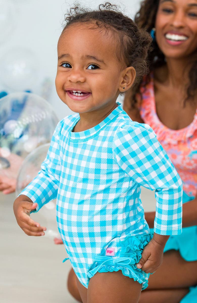 RuffleButts Bright Aqua Gingham Long Sleeve One-Piece Rashguard Swimsuit & Hat Set, Alternate, color, 