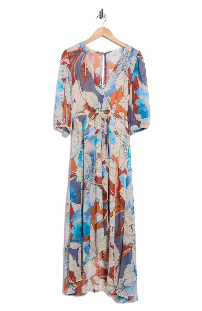 Calvin Klein Floral Faux Wrap Chiffon Maxi Dress, Alternate, color, Oxford Multi
