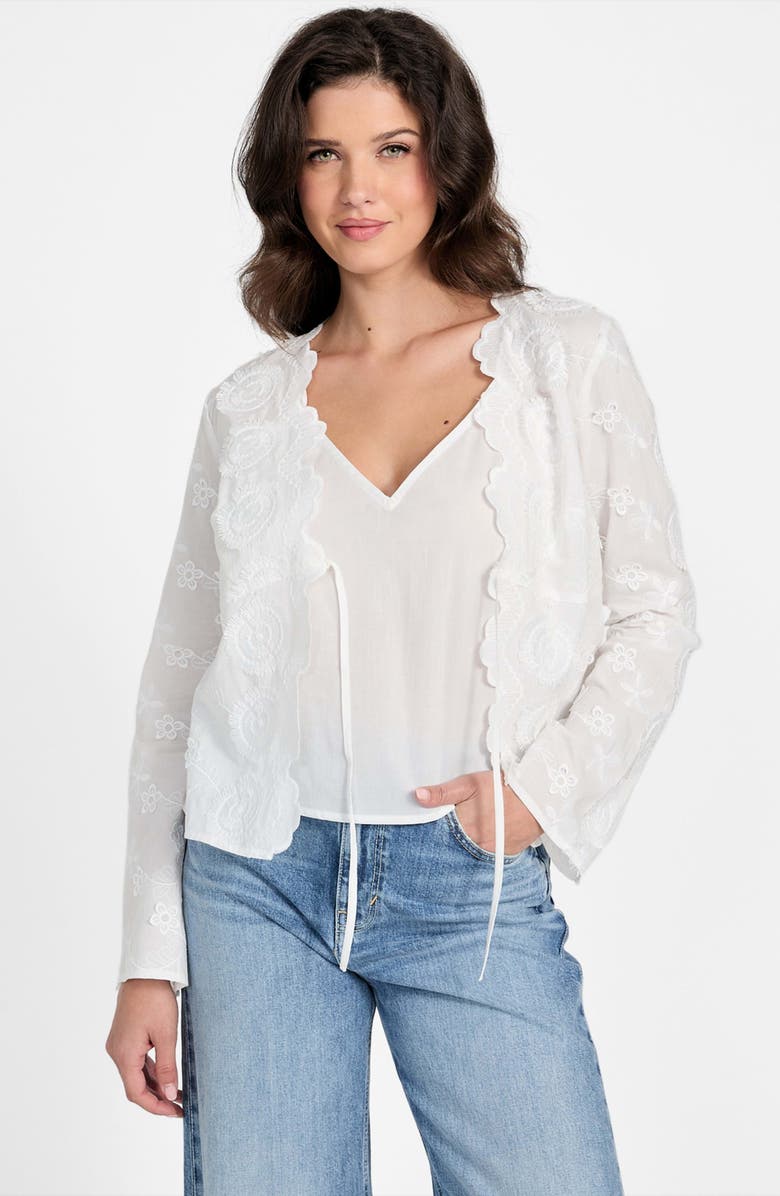 GUESS Aida Floral Embroidered Tie Front Long Sleeve Top, Alternate, color, Pure White