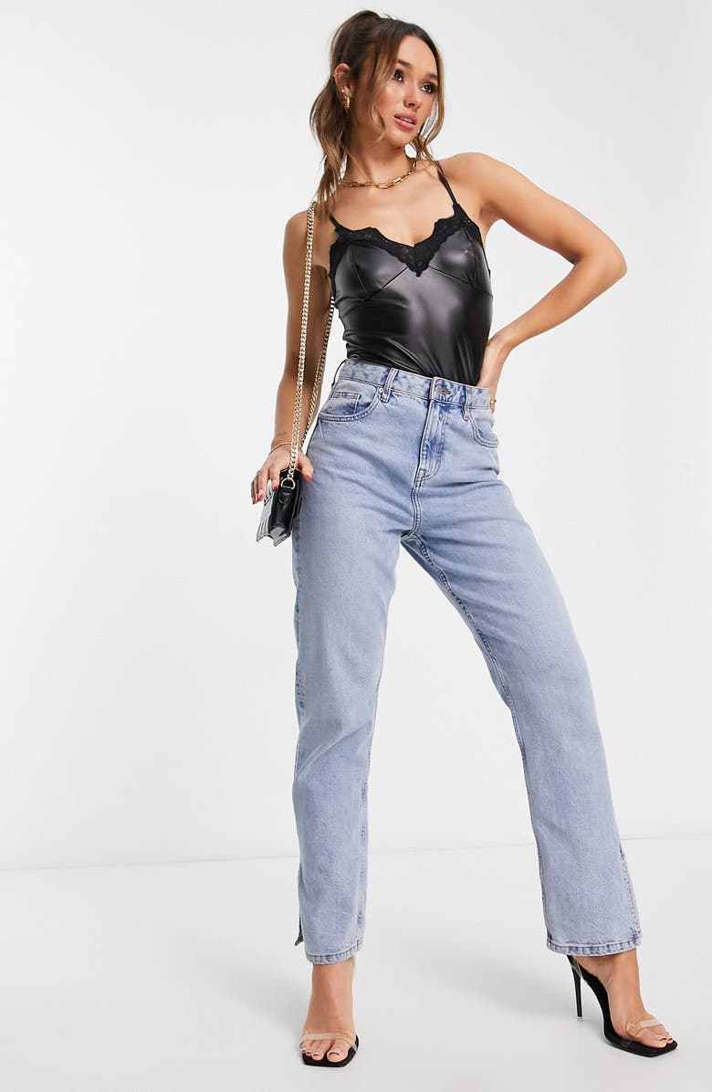 ASOS DESIGN Lace Trim Faux Leather Camisole, Alternate, color,