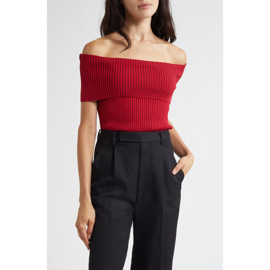 Ramy Brook Luke Foldover Off The Shoulder Rib Top In Red
