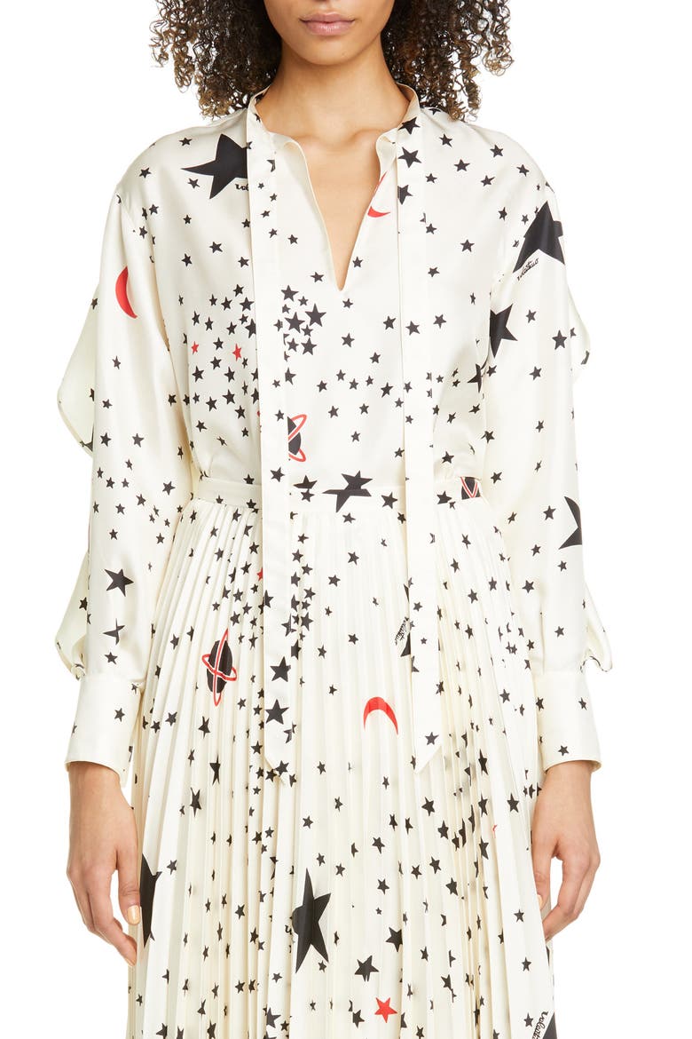 Ruffle Detail Cosmo Print Silk Blouse, Main, color, AVORIO/ MULTICOLOR