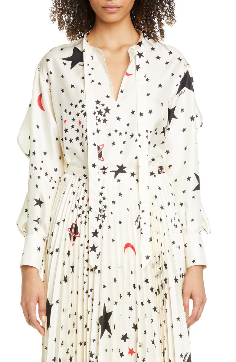 Valentino Ruffle Detail Cosmo Print Silk Blouse, Main, color, 