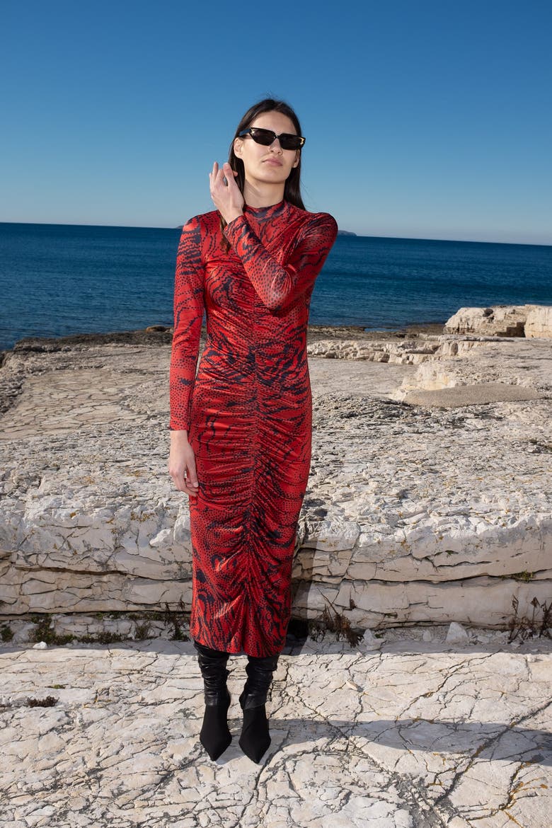 Alonia Jersey Ruched Midi Dress, Alternate, color, Zora Red