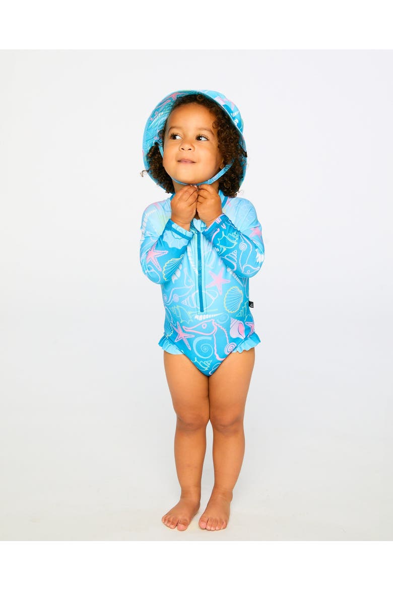 One-Piece Long Sleeve Shell Print Rashguard, Alternate, color, Blue Seashell Print