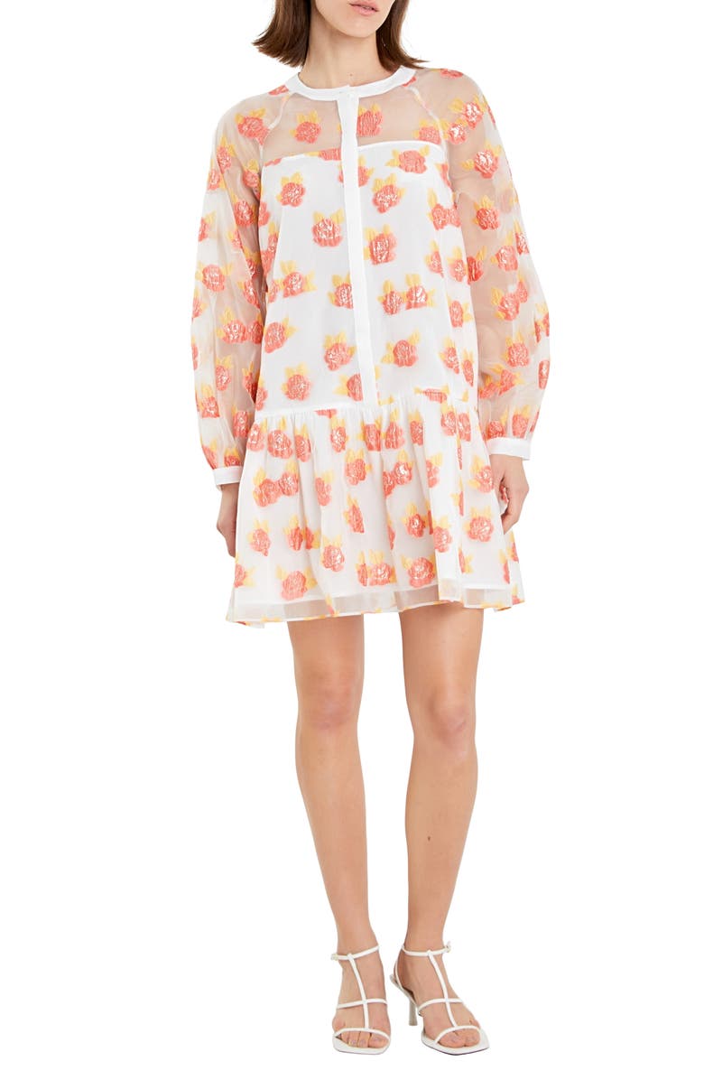 English Factory Floral Button Front Long Sleeve Organza Minidress, Main, color, Orange