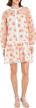 English Factory Floral Button Front Long Sleeve Organza Minidress