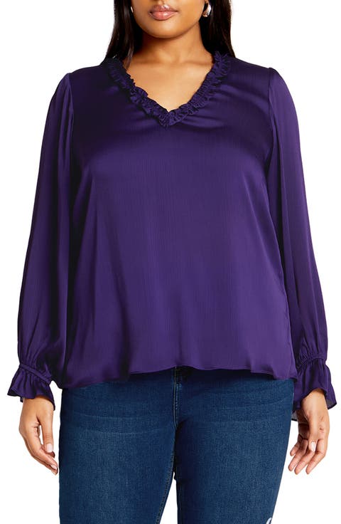 Maia Ruffle Fluted Sleeve Satin Top (Plus)
