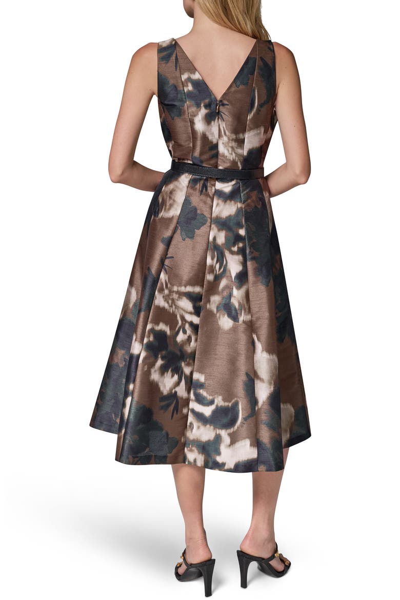 Printed V-Neck Belted Midi Dress, Alternate, color, OLIVE BROWN