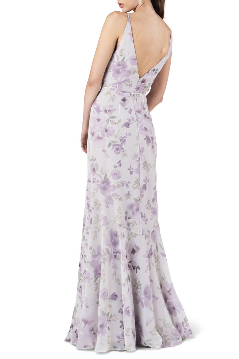 Ensley Painted Petals Faux Wrap Trumpet Gown, Alternate, color, PAINTED PETAL LILAC