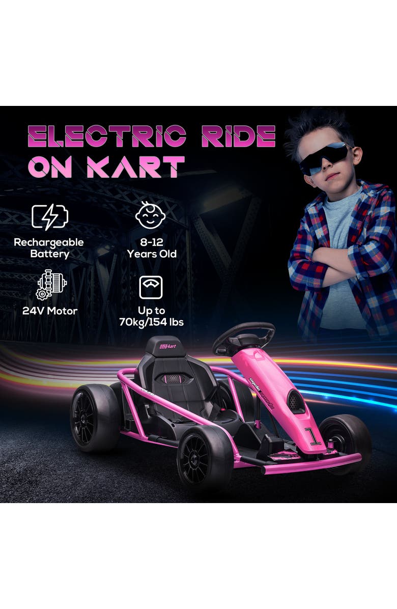 Aosom Kids Electric Go Kart, 24V, Drifting, Slow Start, Music, Horn, Safety Belt, Alternate, color, Pink
