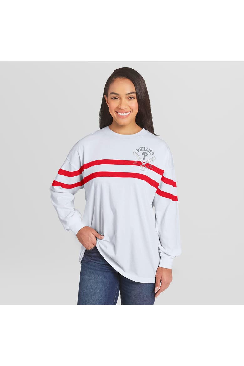 Women's WEAR by Erin Andrews  White Philadelphia Phillies Oversized Long Sleeve Striped T-Shirt, Main, color, White
