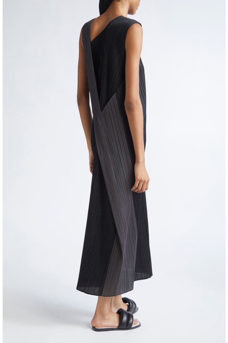 Pointe Pleated Asymmetric Sleeveless Midi Dress, Alternate, color, BLACK