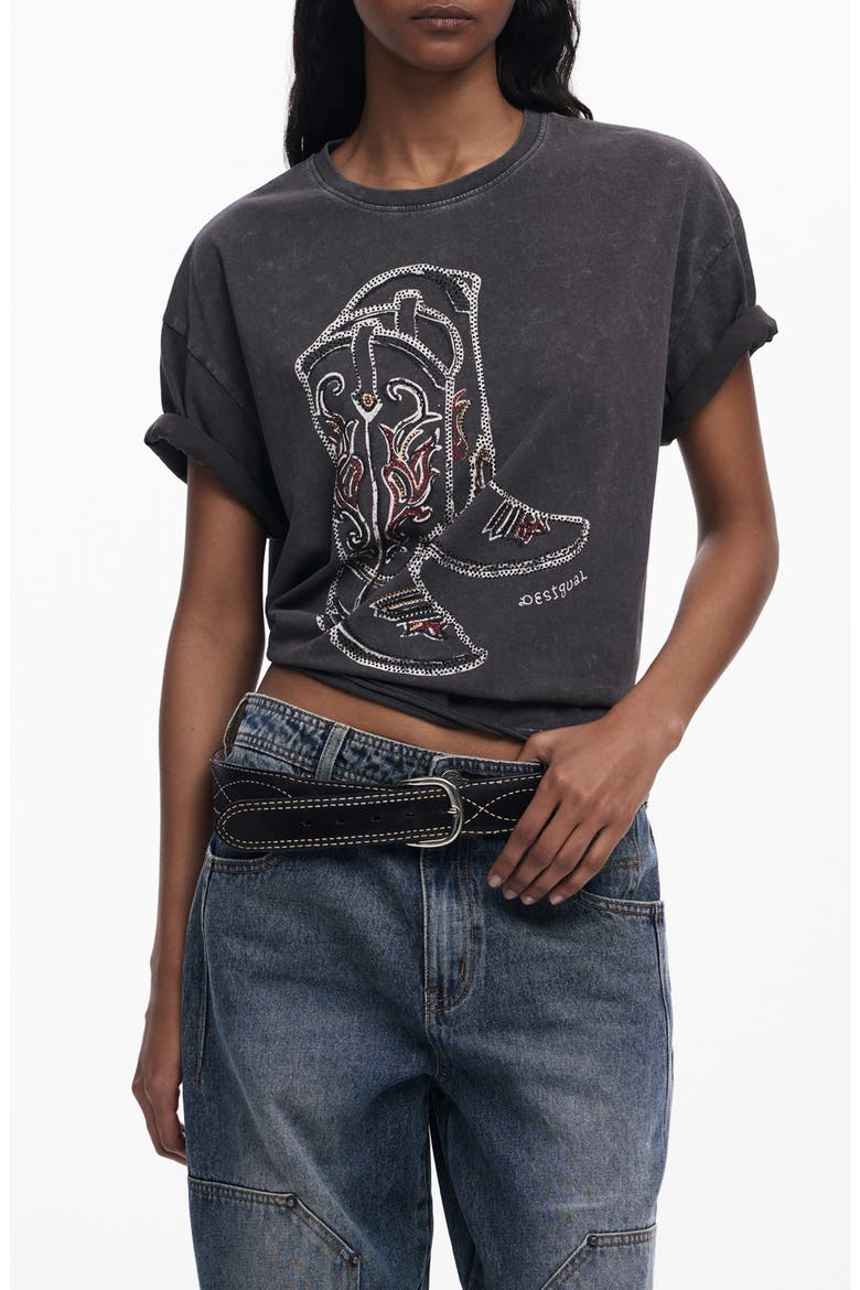 Cowboy Boot Embellished Cotton Graphic T-Shirt, Main, color, DARK GRAY