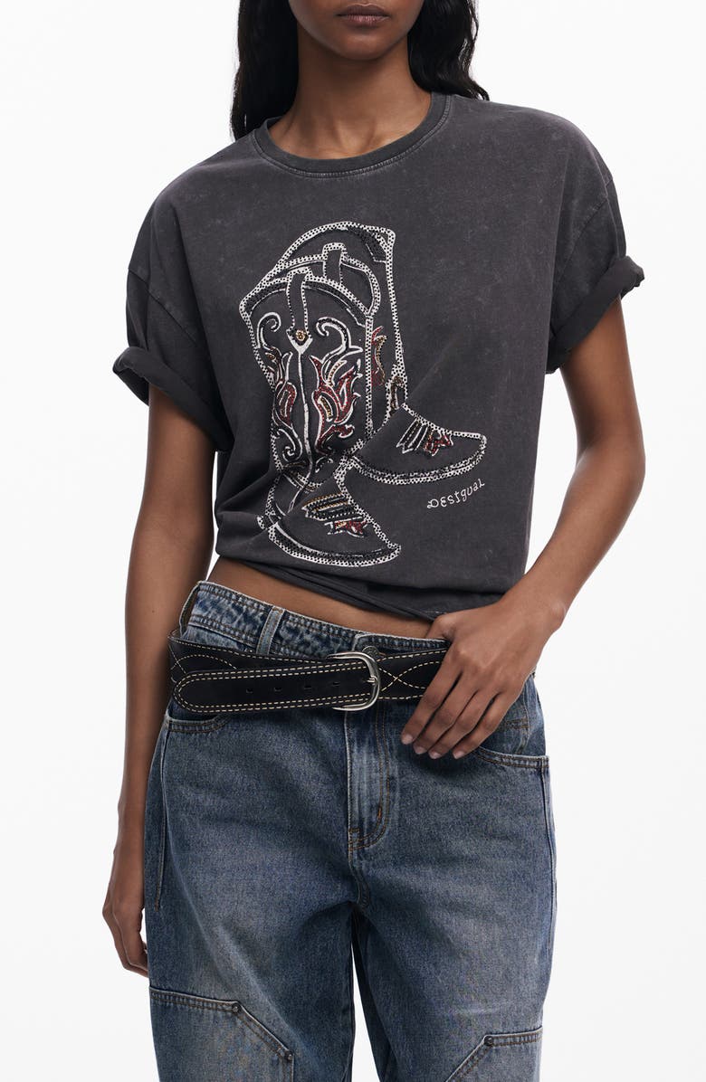 Desigual Cowboy Boot Embellished Cotton Graphic T-Shirt, Main, color, Dark Gray