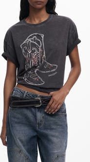 Desigual Cowboy Boot Embellished Cotton Graphic T-Shirt